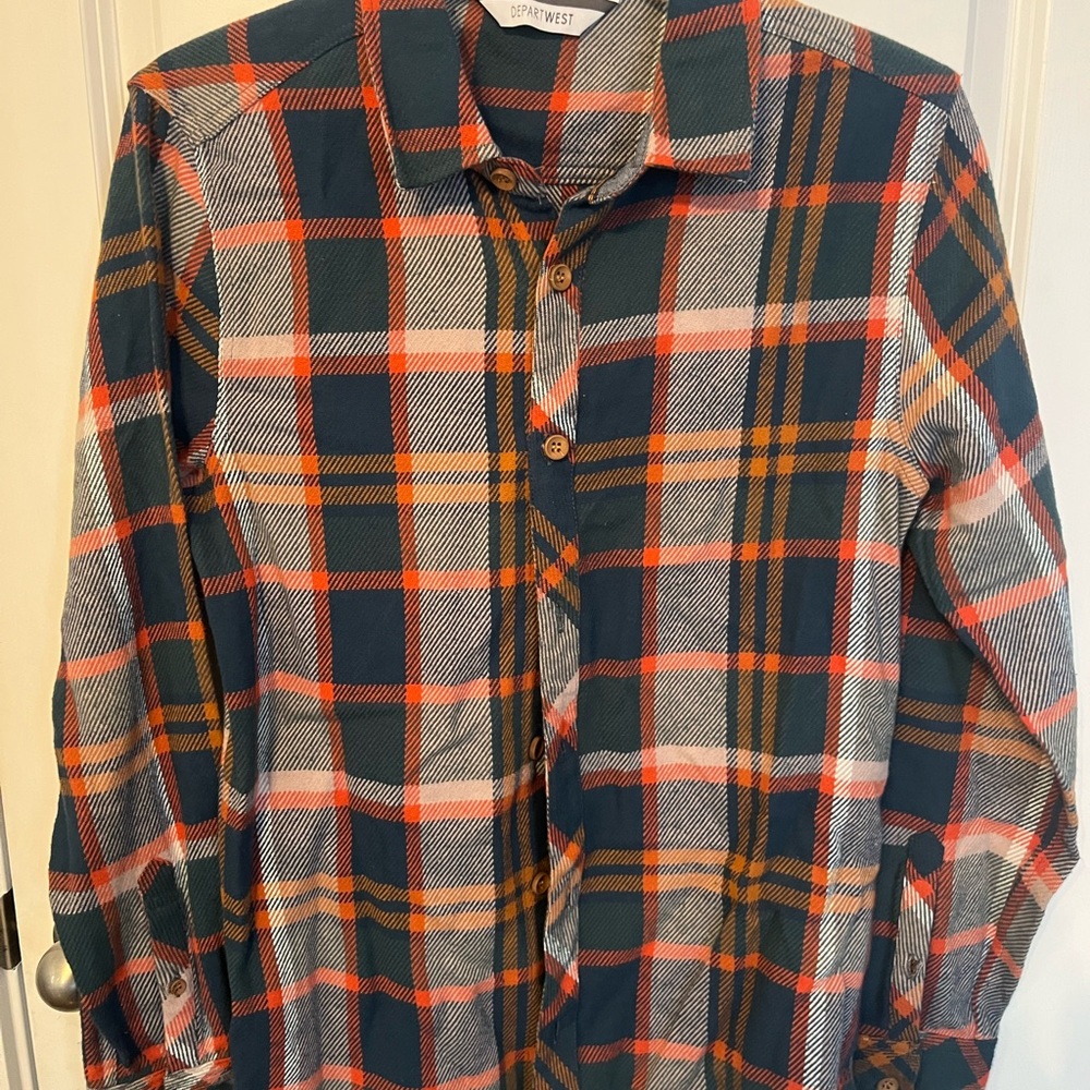 Openwest Men's Casual Plaid Button-Down Shirt - Blue, Orange, White